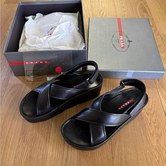 Prada Black Leather Sandals Size 37.5 - Picture 2 of 10